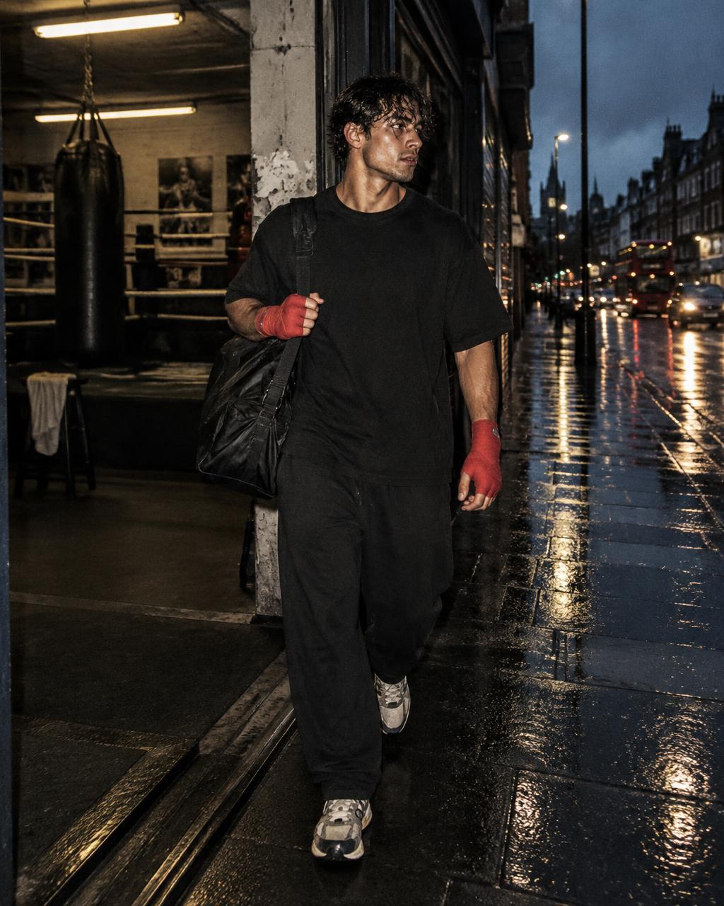 Boxer leaving a city gym at night