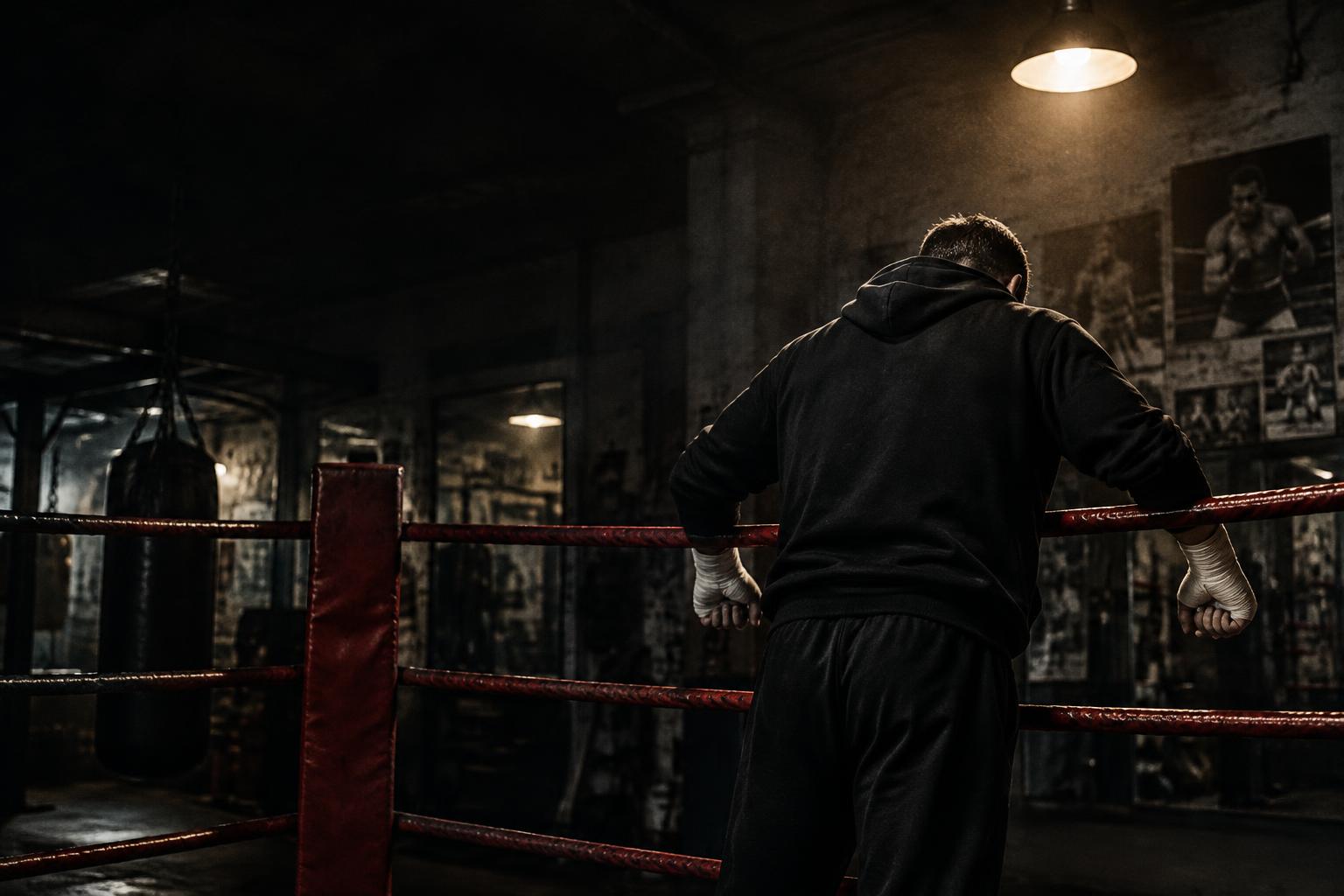 Boxer resting on red ring ropes in a dark old-school gym