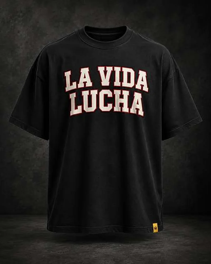 La Vida Lucha Collegiate boxing T-shirt in black, front view