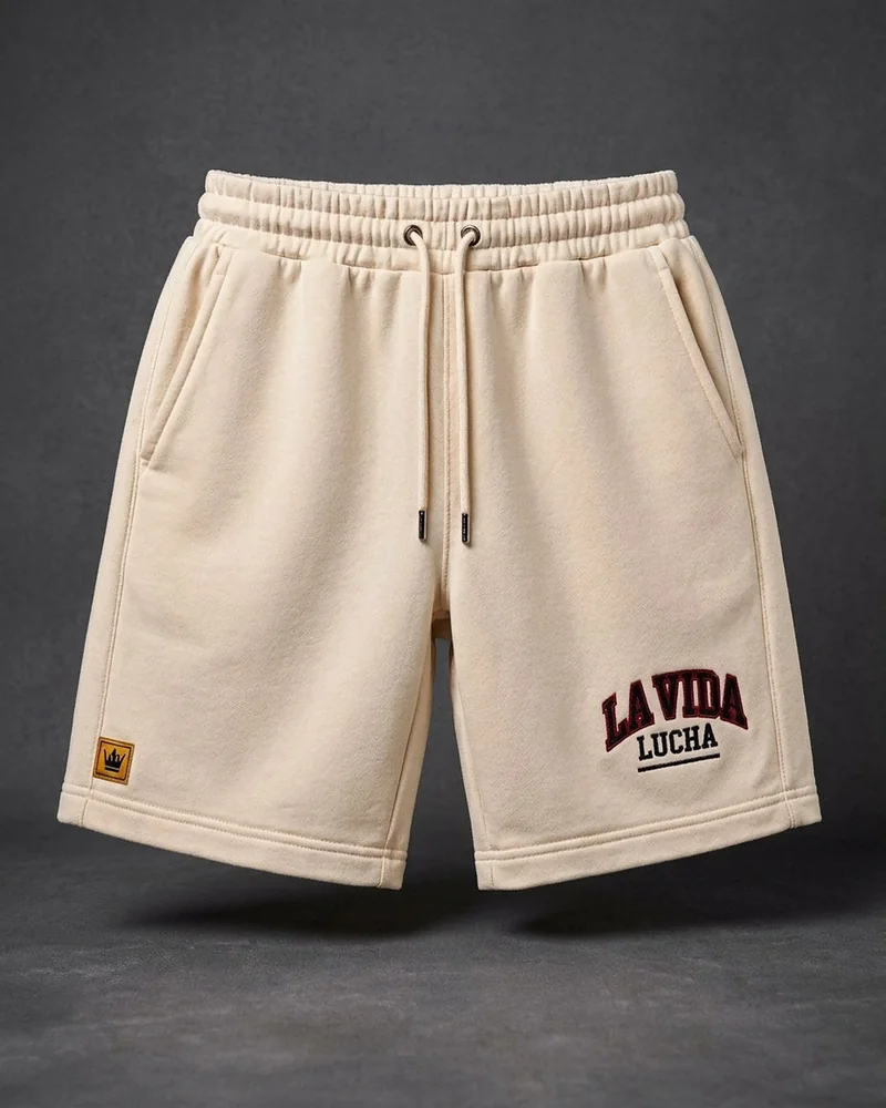 LA VIDA LUCHA Corner Fleece Shorts in cream, front view